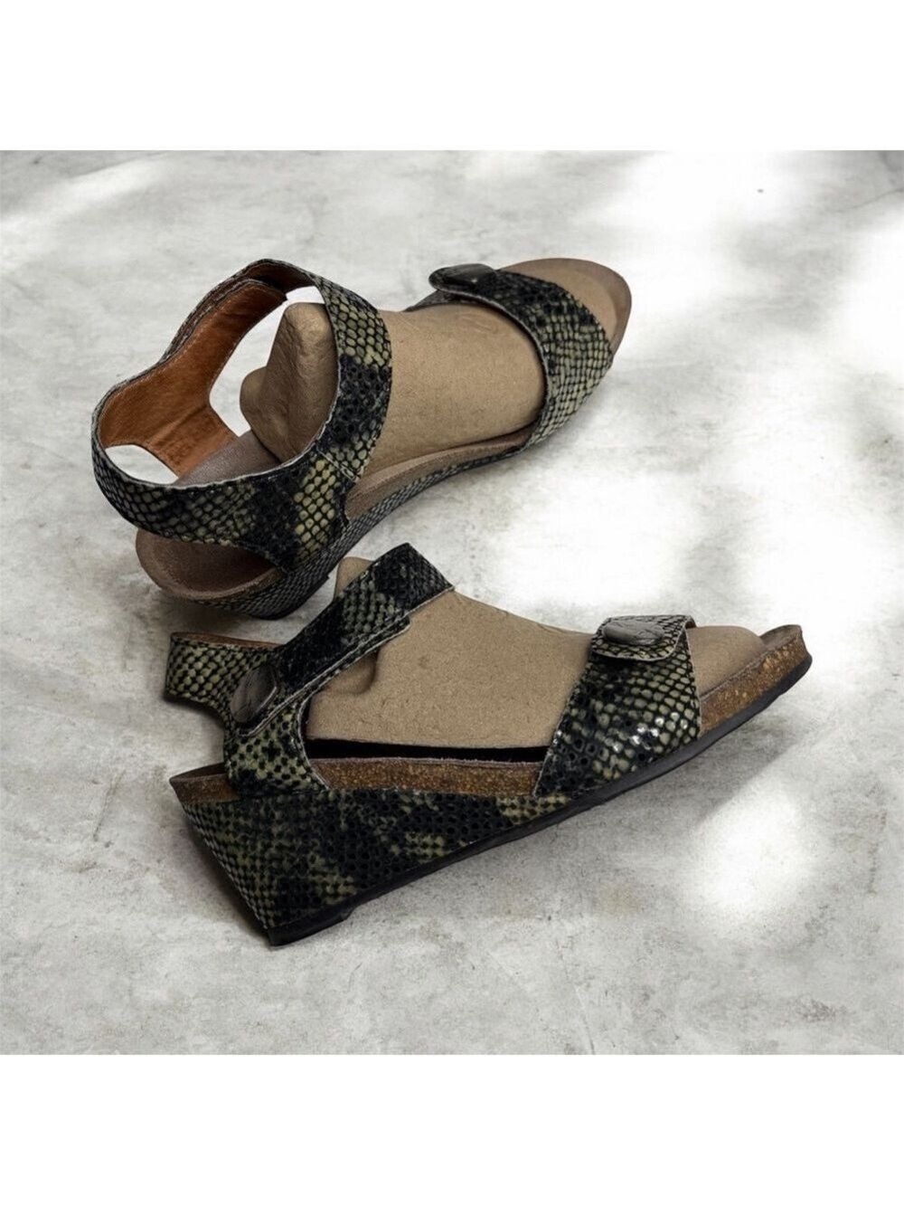 Taos Footwear Olive Snake Print Wedge Sandals